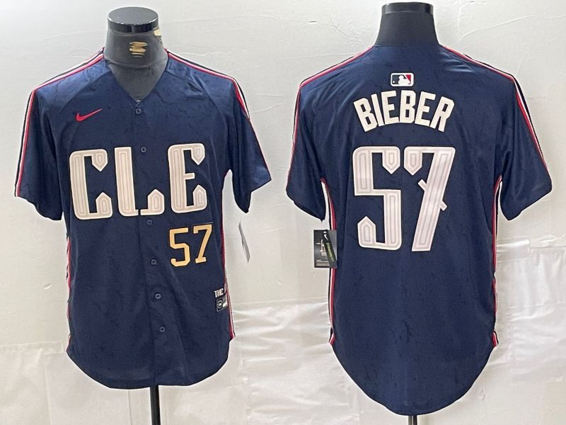 Men Cleveland Indians 57 Bieber Blue City Edition Nike 2024 MLB Jersey style 2